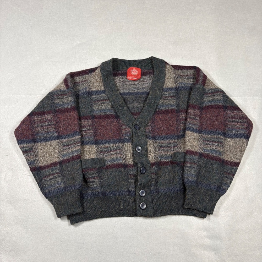 Settebello Vintage Made in Italy Wool Blend Plaid Cardigan Sweater Grey Burgundy